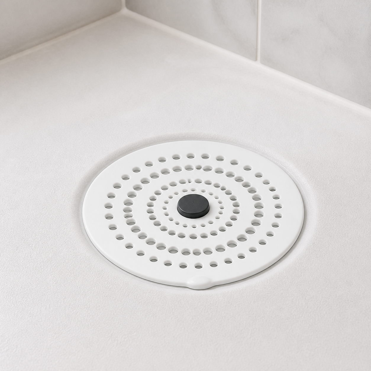 Cozy Haven Silicone Drain Hair Catcher - white silicone drain hair catcher on a shower drain