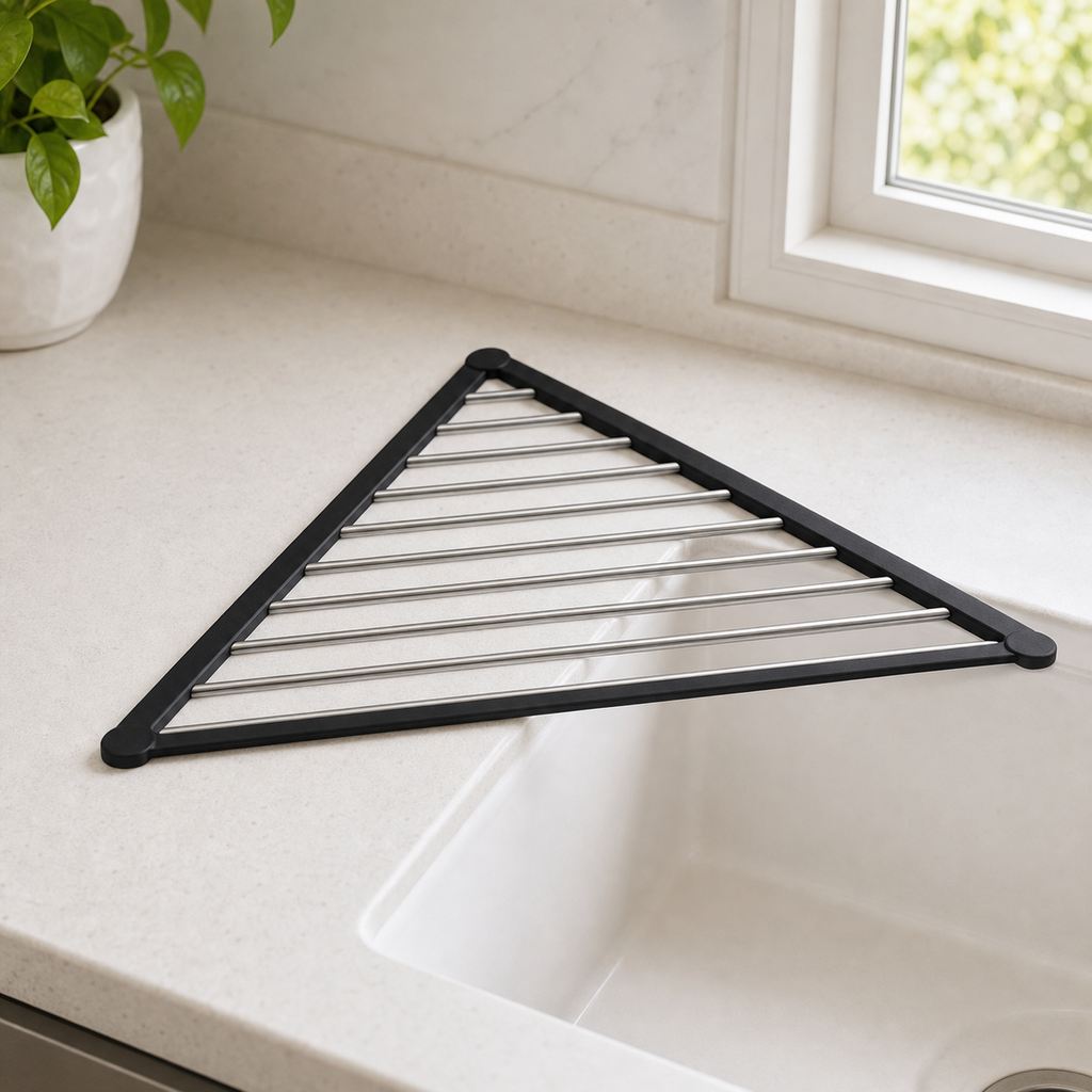 Cozy Haven Triangle Roll-Up Dish Drying Rack - black triangle roll-up dish drying rack over sink