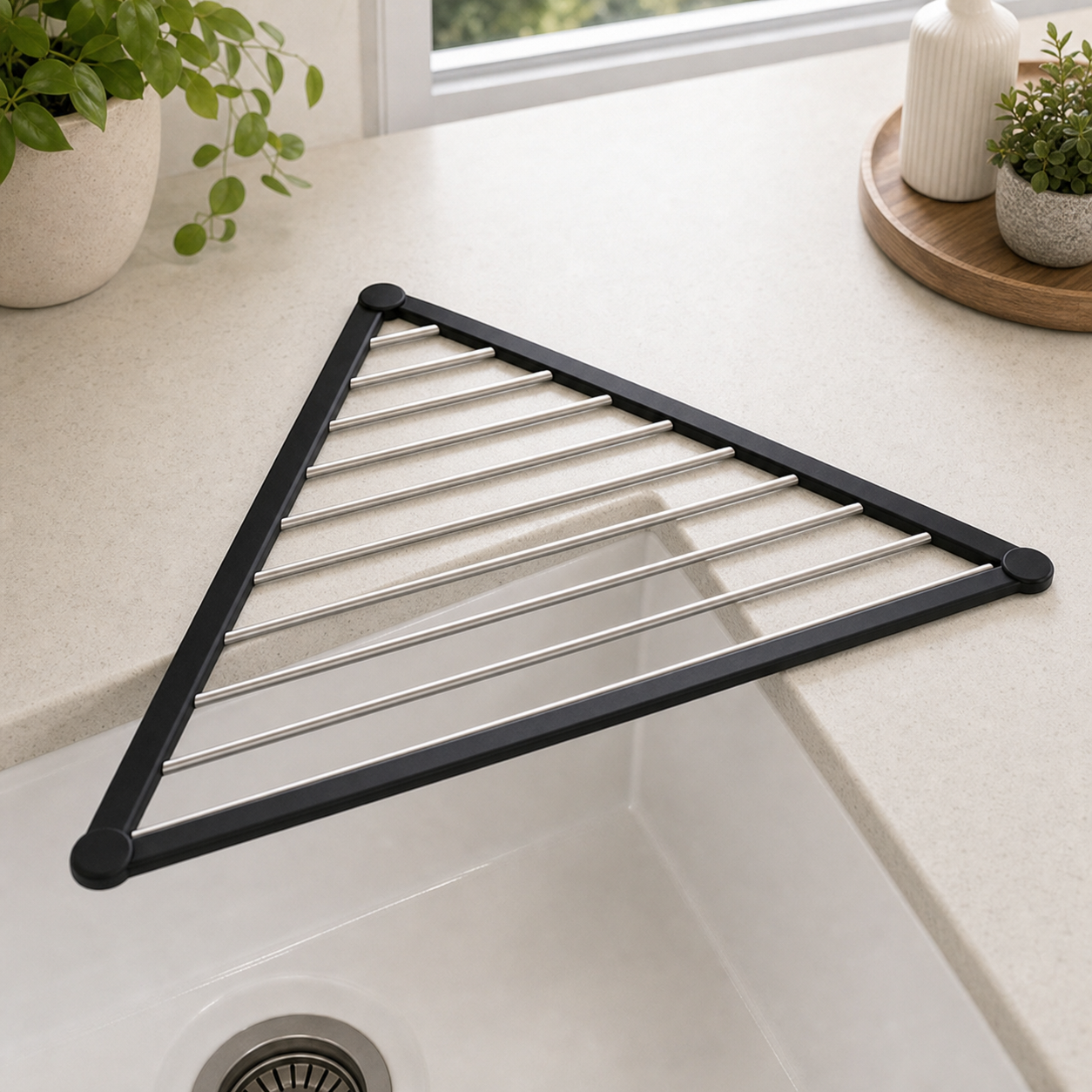 Cozy Haven Triangle Roll-Up Dish Drying Rack - black triangle roll-up dish drying rack in kitchen sink