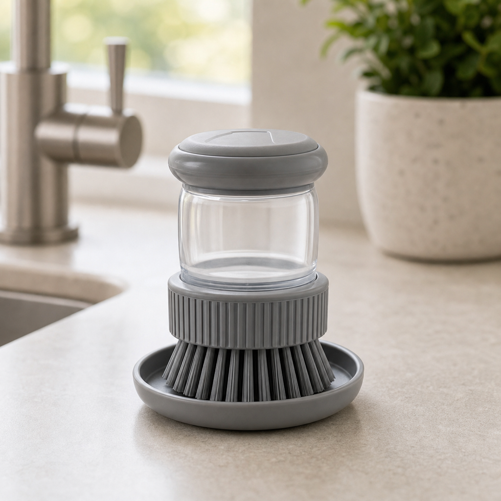 Cozy Haven Gray Palm Dish Brush with Tray - kitchen sink brush and tray lifestyle