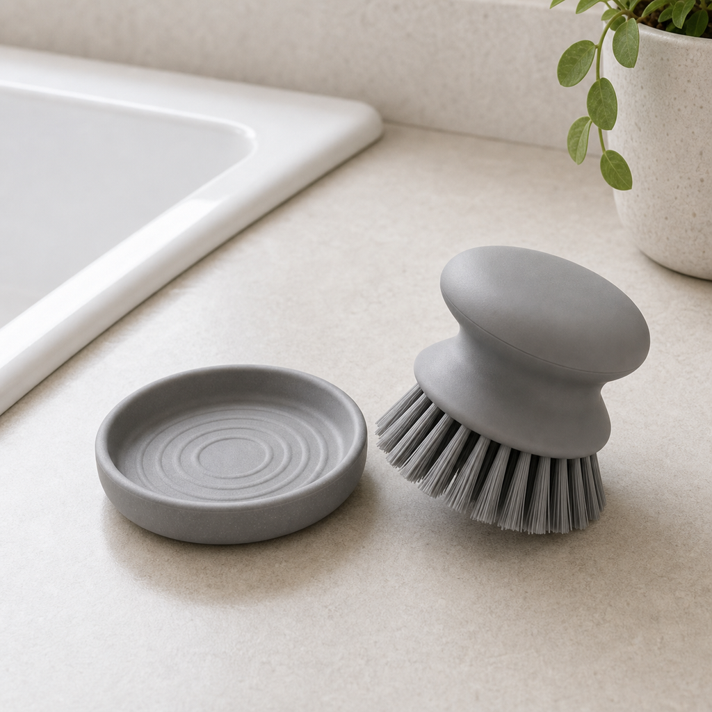 Cozy Haven Gray Palm Dish Brush with Tray - brush and tray detail