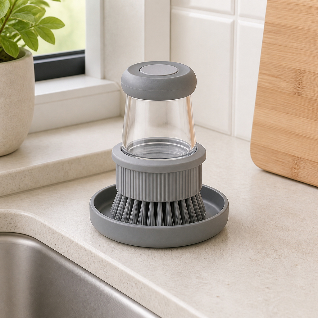 Cozy Haven Gray Palm Dish Brush with Tray - sink ledge brush lifestyle
