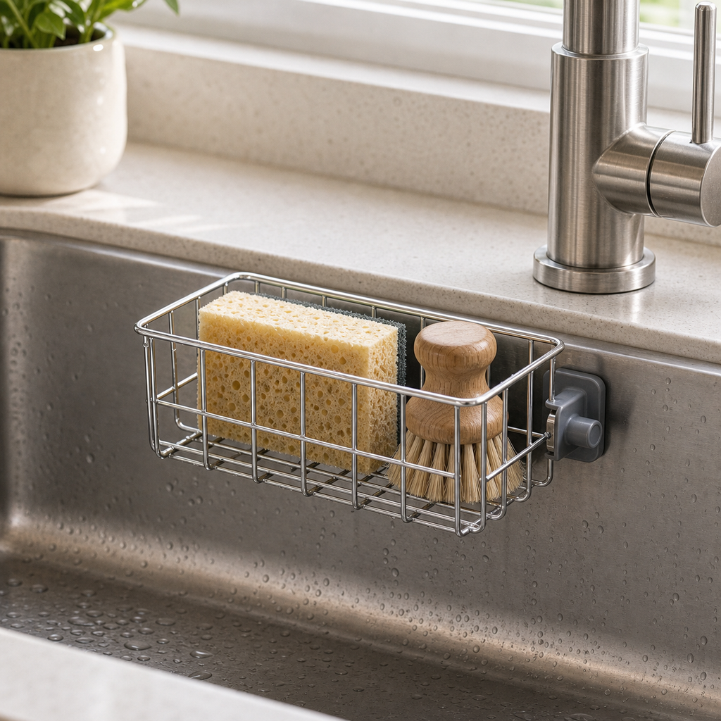 Cozy Haven Sink Drain Sponge Rack - silver standard mounted sink rack lifestyle