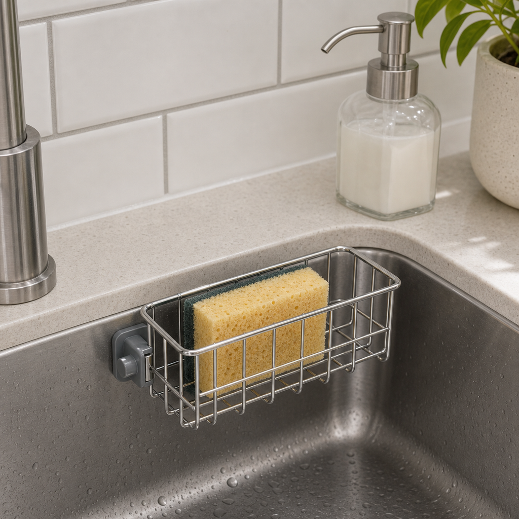 Cozy Haven Sink Drain Sponge Rack - silver standard sink corner sponge holder lifestyle