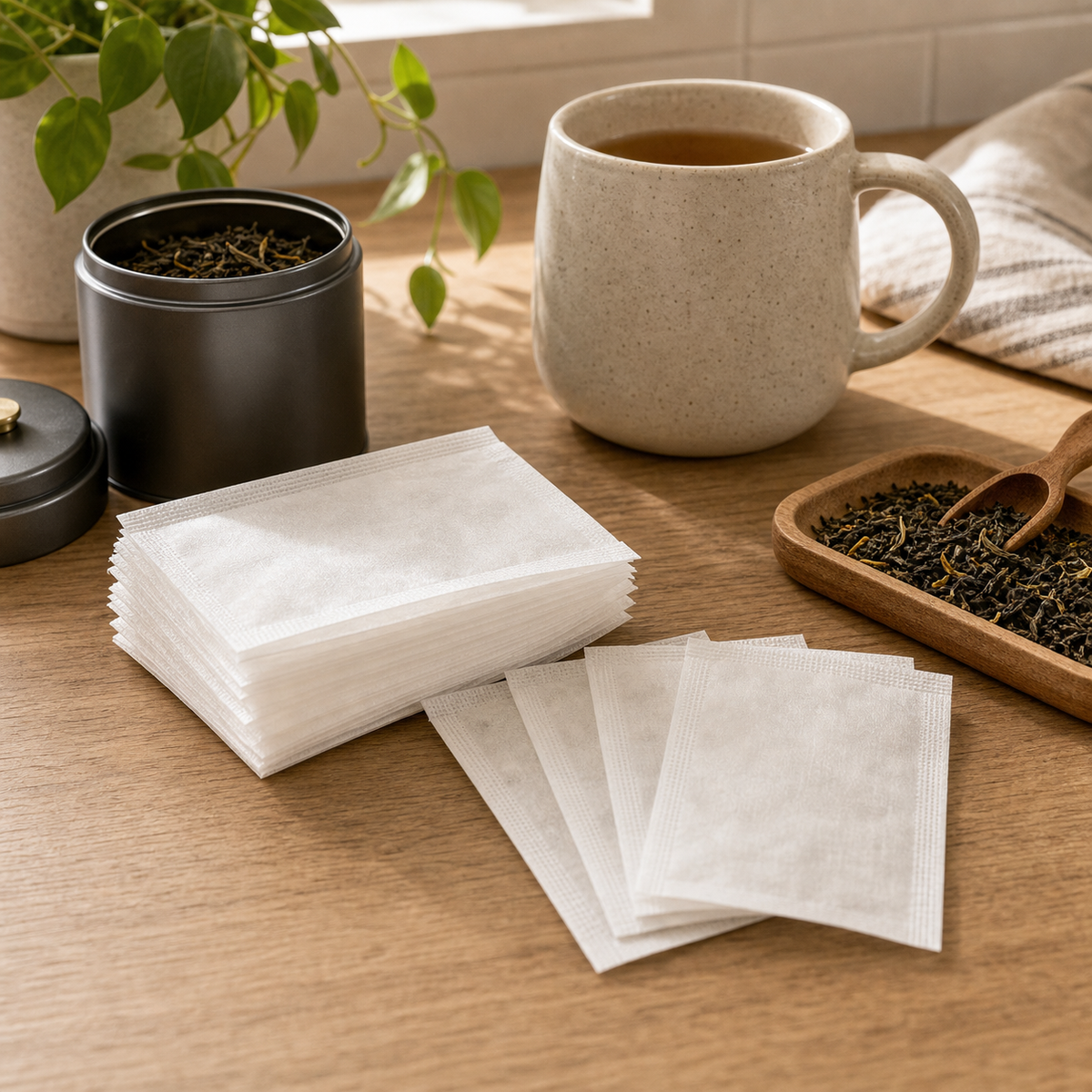 Cozy Haven Empty Tea Filter Bags - 100 Piece Set styled in a home setting