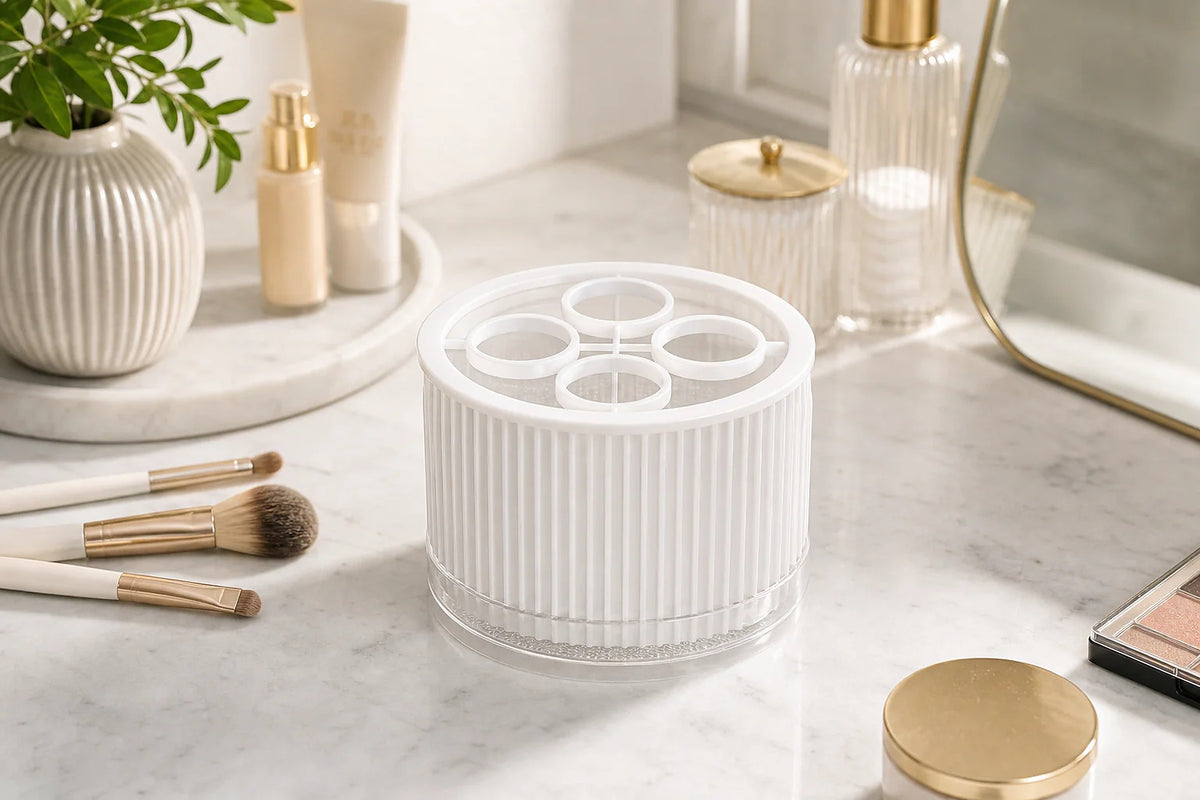 Cozy Haven Makeup Brush Holder Organizer styled in a home setting