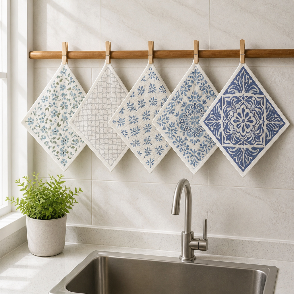 Five blue and gray patterned reusable cleaning cloths hanging above a kitchen sink