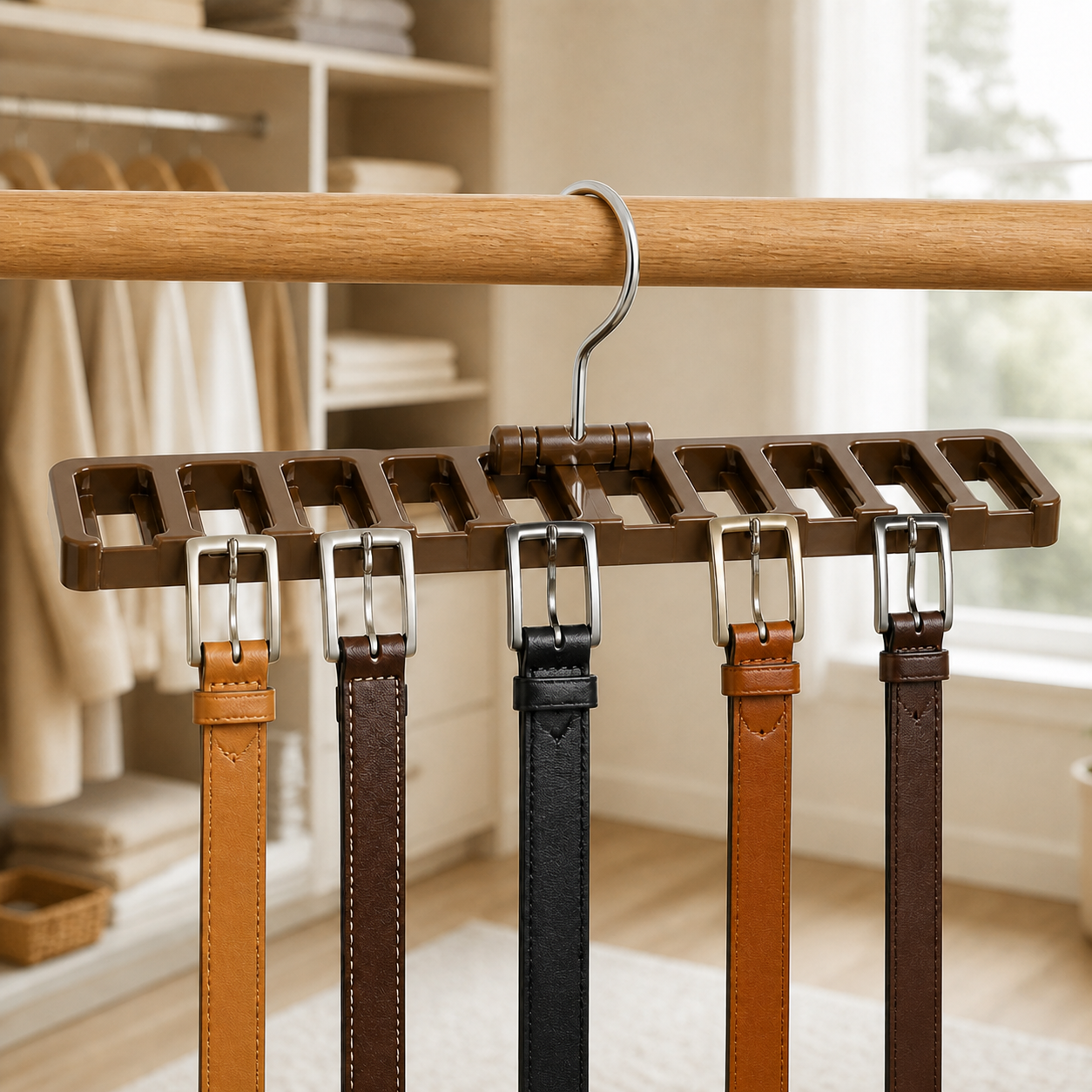 Brown ten-slot belt and tie organizer hanging from a closet rail with five belts