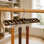 Side view of the brown ten-slot organizer holding three belts in a bright closet