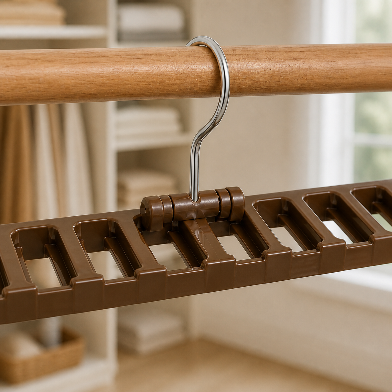 Close-up of the center hinge and chrome hanging hook on the brown organizer