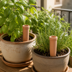Two terracotta plant watering spikes installed in two sunlit herb pots