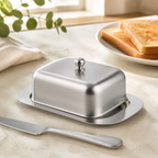 Opaque stainless-steel butter dish with rounded lid and lift knob on a bright kitchen counter