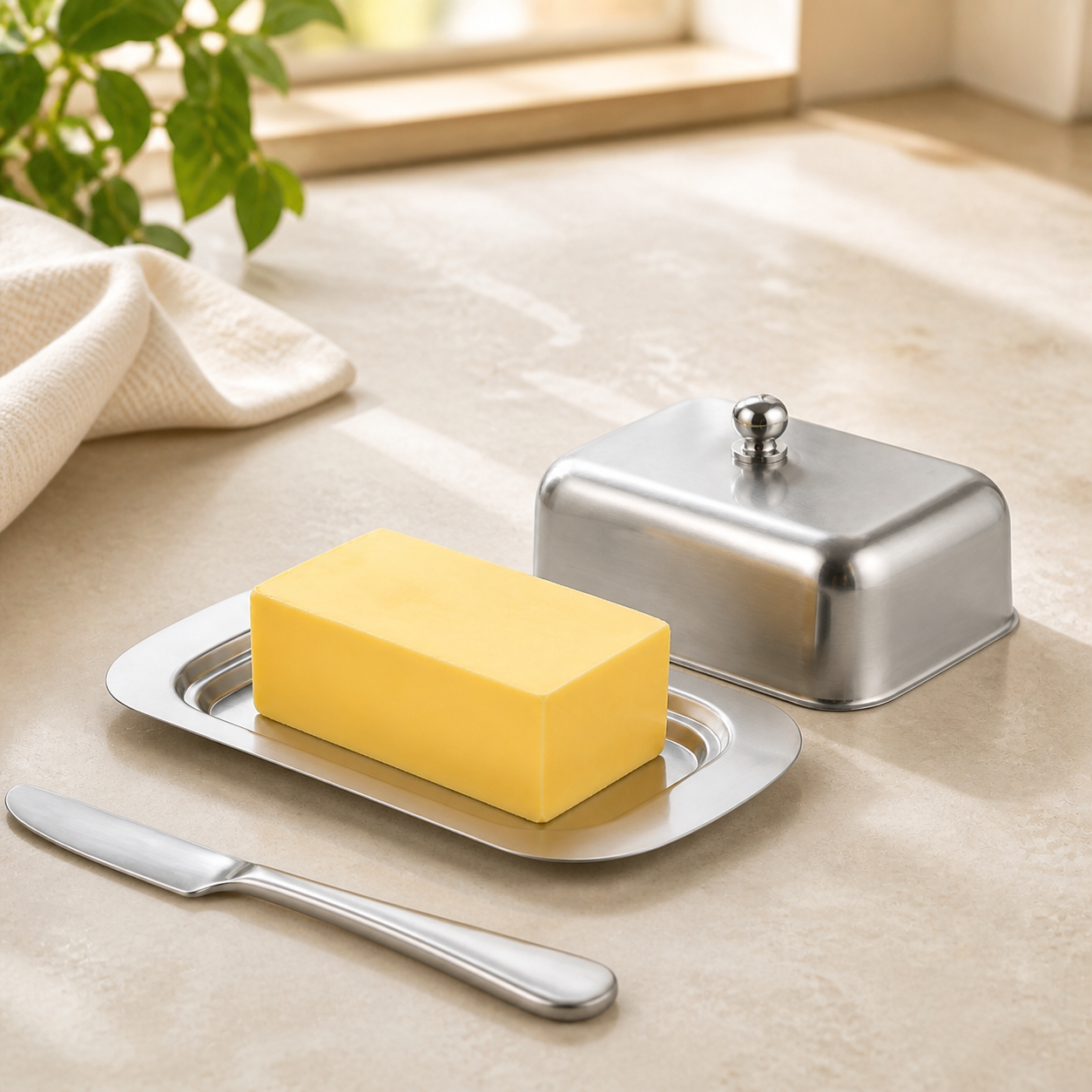 Stainless-steel butter dish open with the lid beside the tray and a stick of butter
