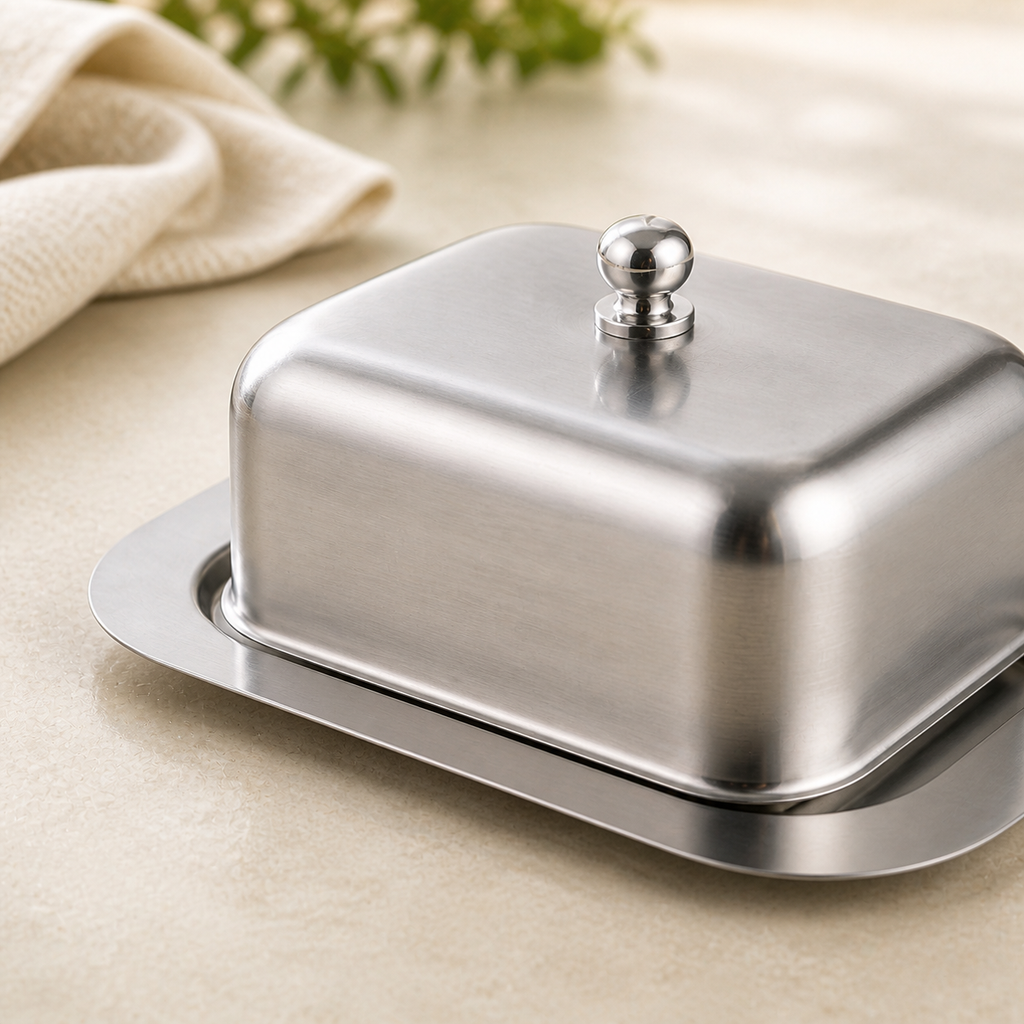 Close-up of the brushed stainless-steel butter dish knob lid edge and rolled tray rim