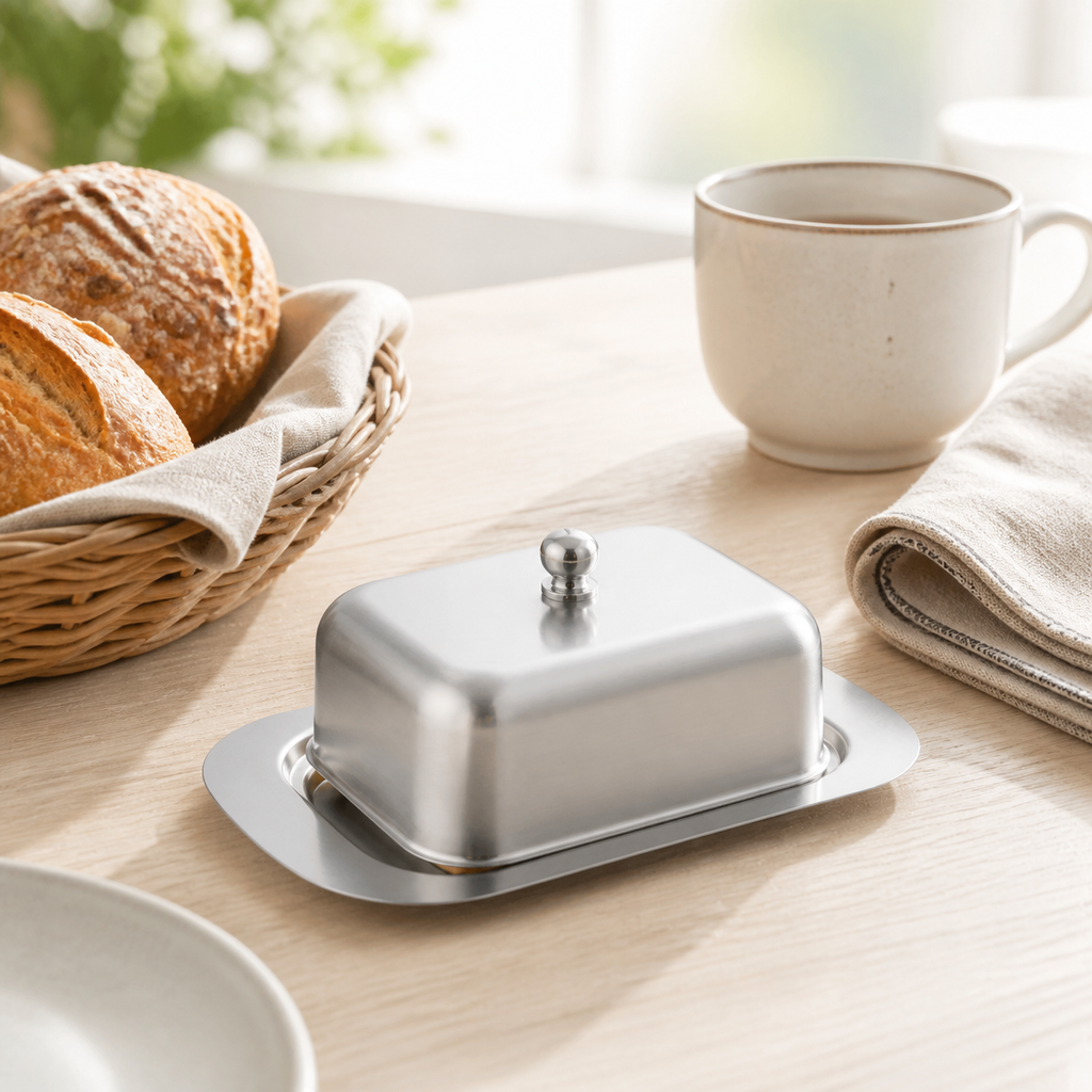 Closed stainless-steel butter dish in a warm breakfast-table setting