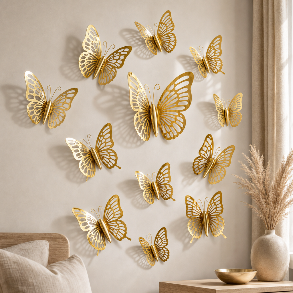 Cozy Haven 12-Piece Hollow Butterfly Wall Sticker Set styled wall view 1