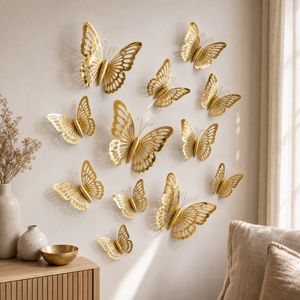 Cozy Haven 12-Piece Hollow Butterfly Wall Sticker Set styled wall view 2