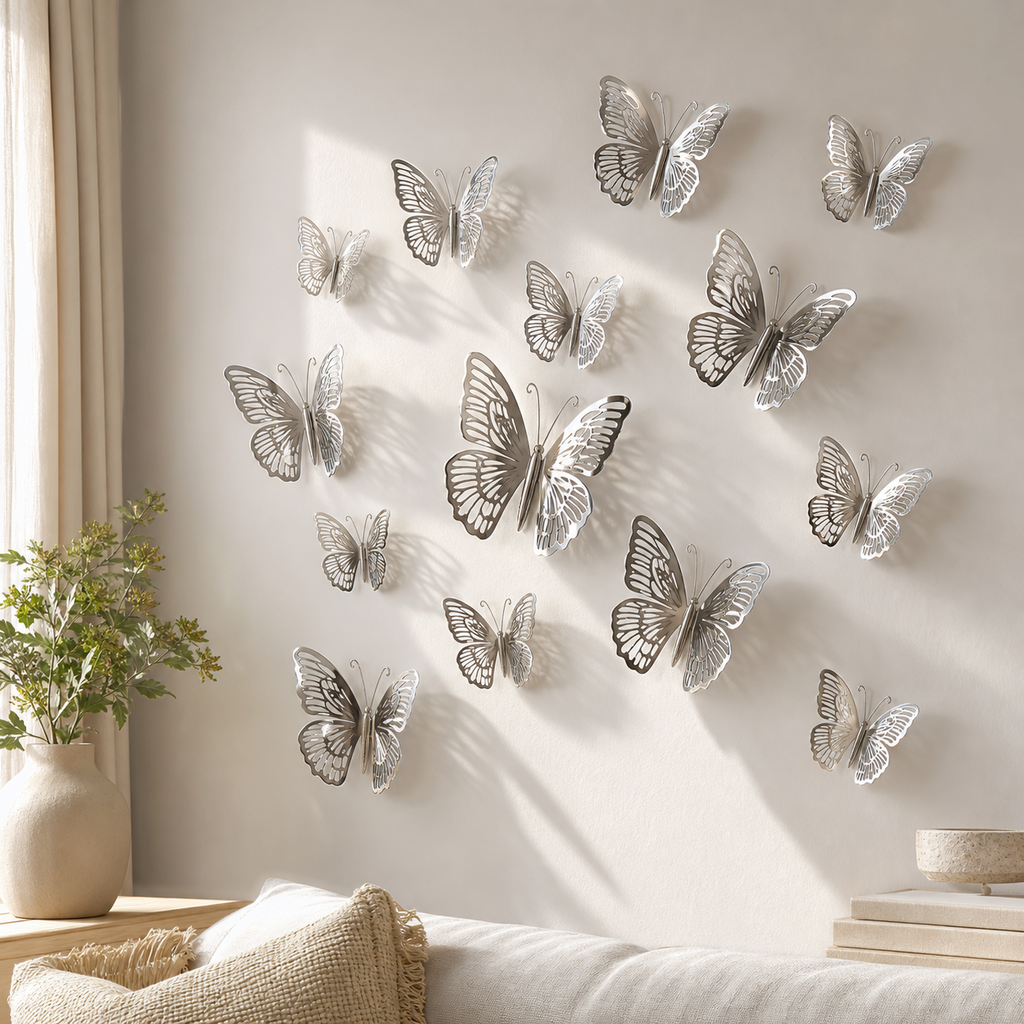 Cozy Haven 12-Piece Hollow Butterfly Wall Sticker Set styled wall view 6