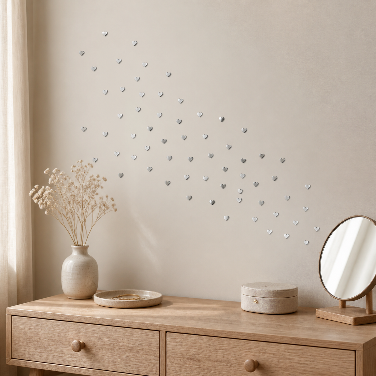 Small frameless silver heart mirror stickers arranged above a light wood dresser