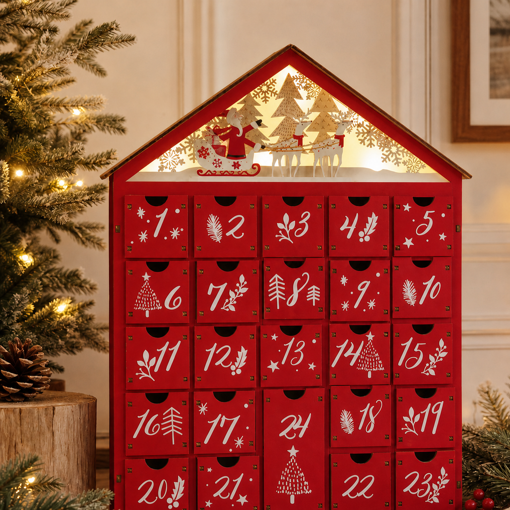Cozy Haven Wooden Advent Calendar with 24 numbered drawers