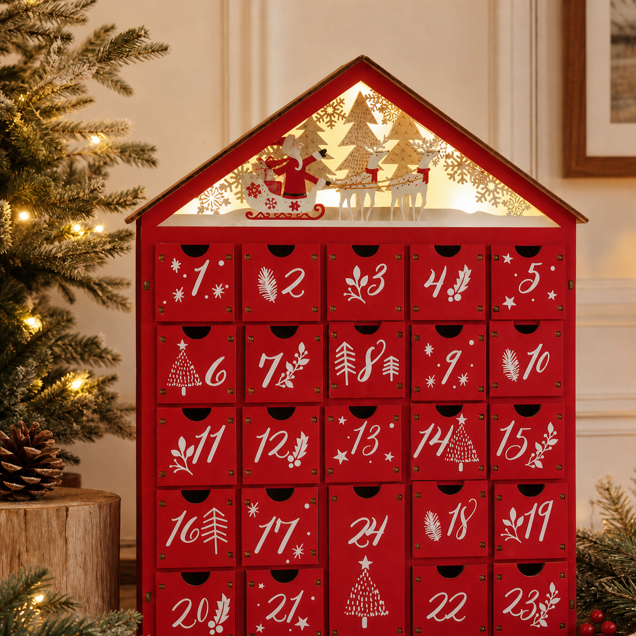 Cozy Haven Wooden Advent Calendar with 24 numbered drawers