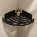 Adhesive no-drill mount and curved profile detail of the corner shower shelf