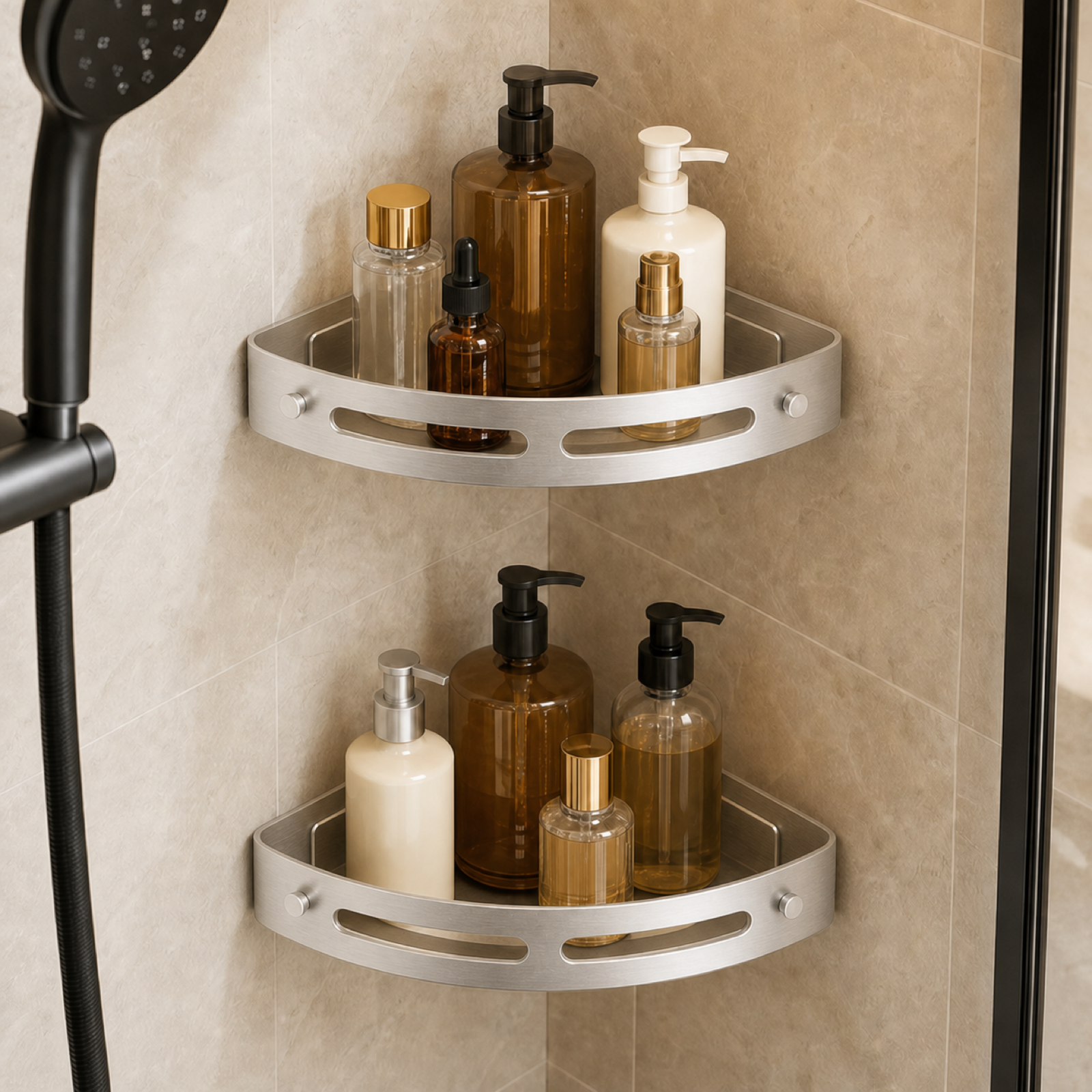 Shower caddy 2-pack in silver — curved corner shelves mounted in a shower