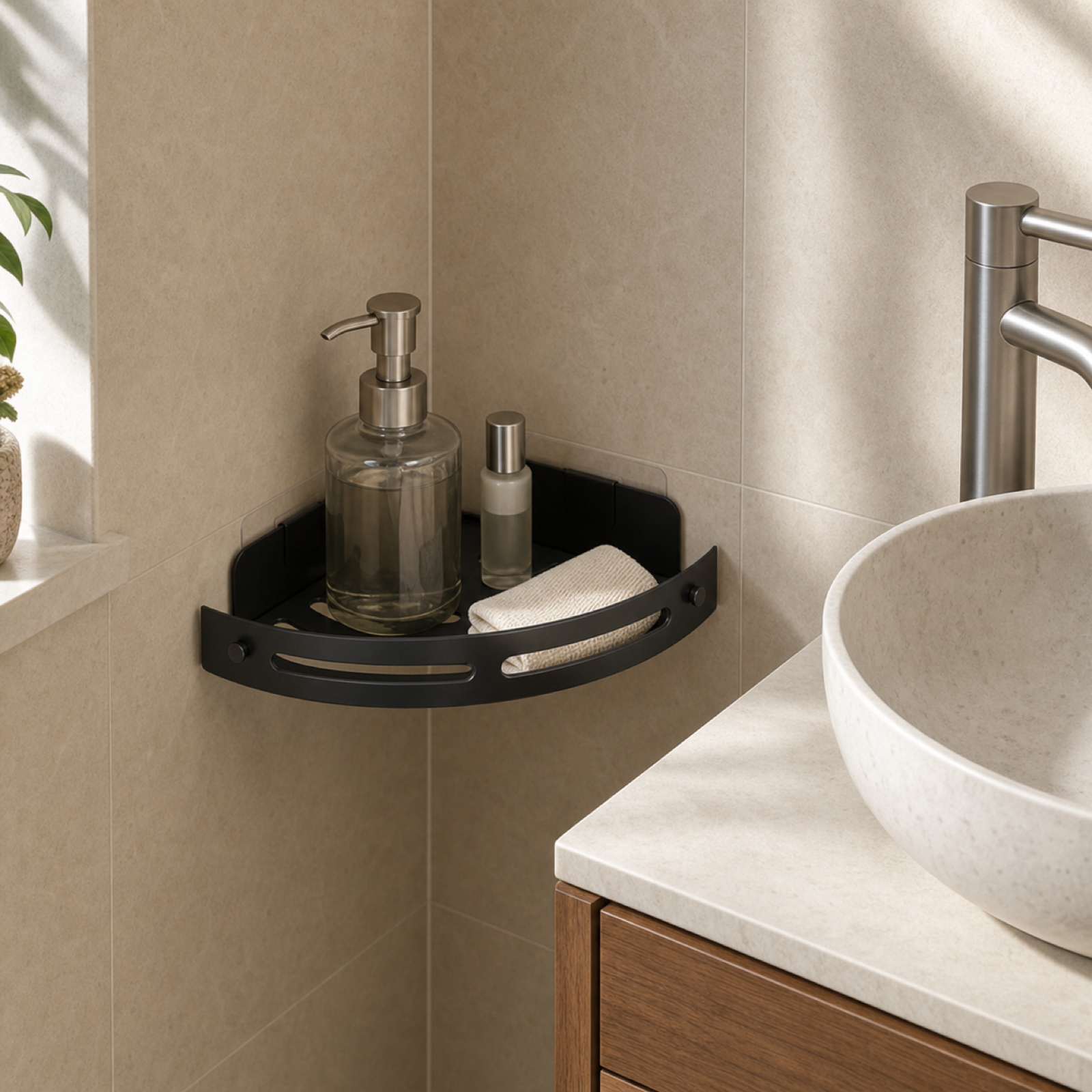 Corner shower shelf in matte black used beside a bathroom sink