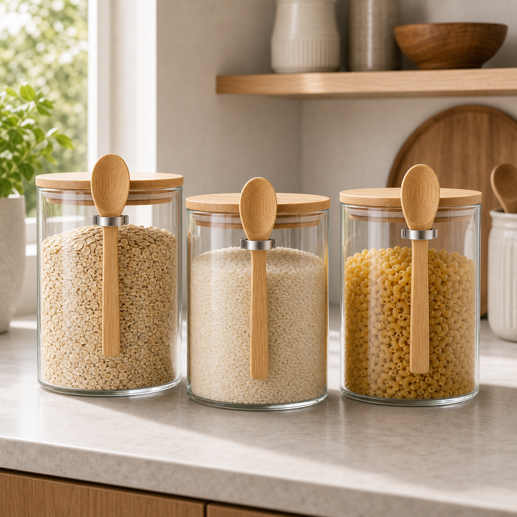 Cozy Haven Airtight Glass Storage Jar Set with Bamboo Lids styled kitchen view 3 for 3-Jar Set