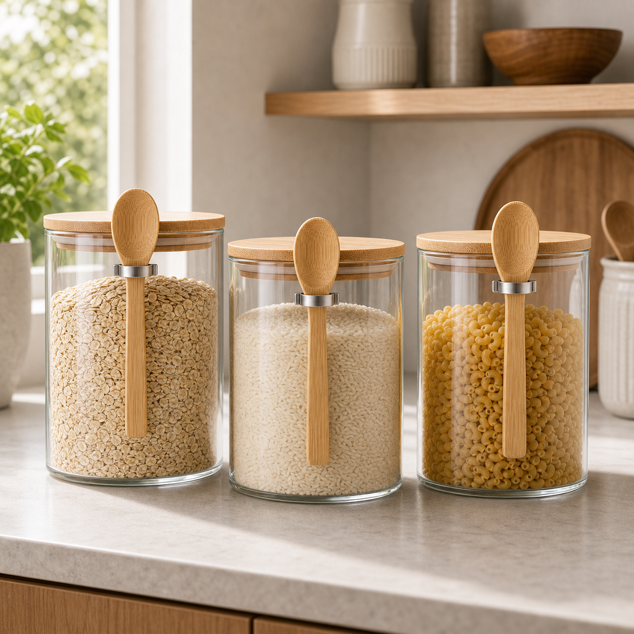 Cozy Haven Airtight Glass Storage Jar Set with Bamboo Lids styled kitchen view 3 for 3-Jar Set
