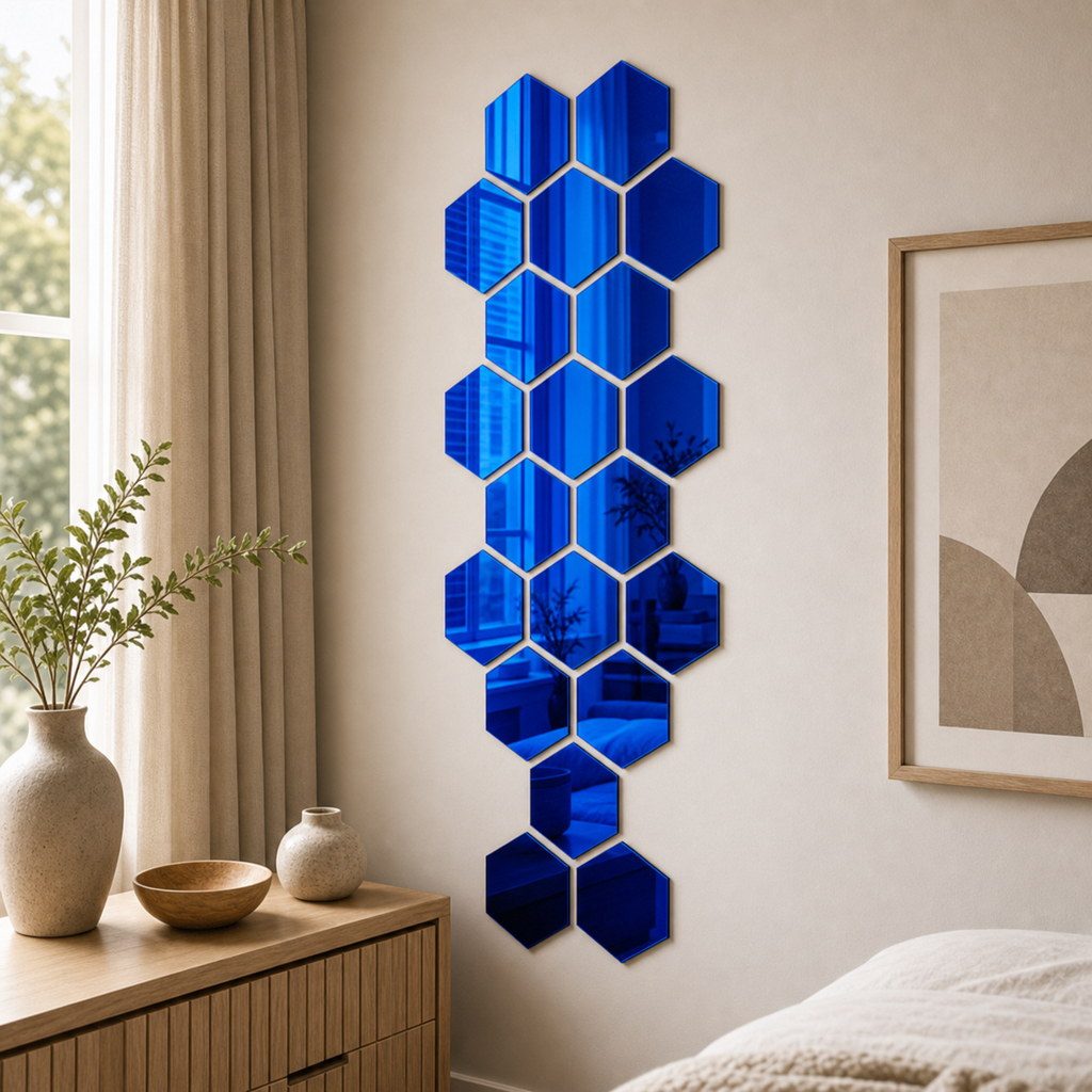 Cozy Haven 3D Hexagon Acrylic Mirror Stickers - Blue / Single Mirror