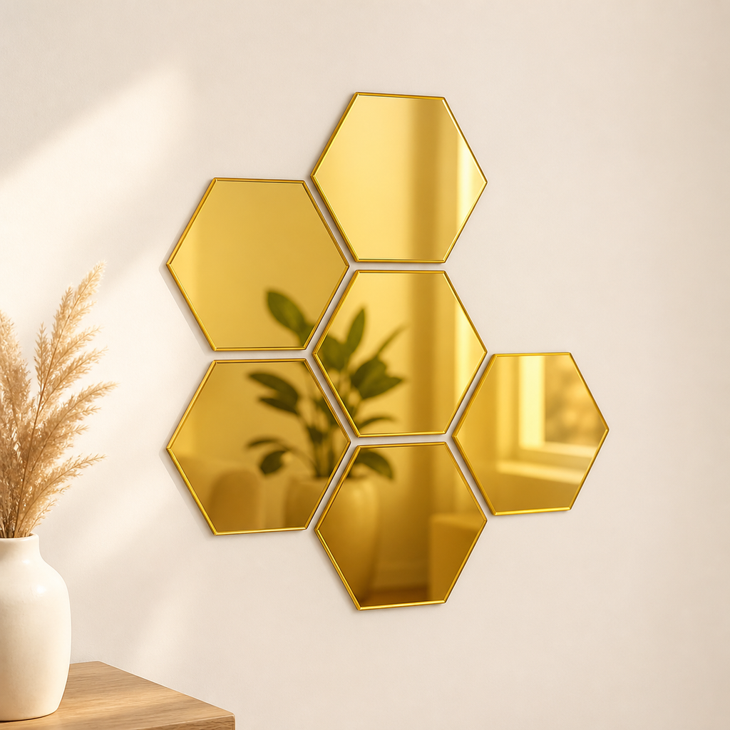 Cozy Haven 3D Hexagon Acrylic Mirror Stickers - Gold / 6-Piece Set