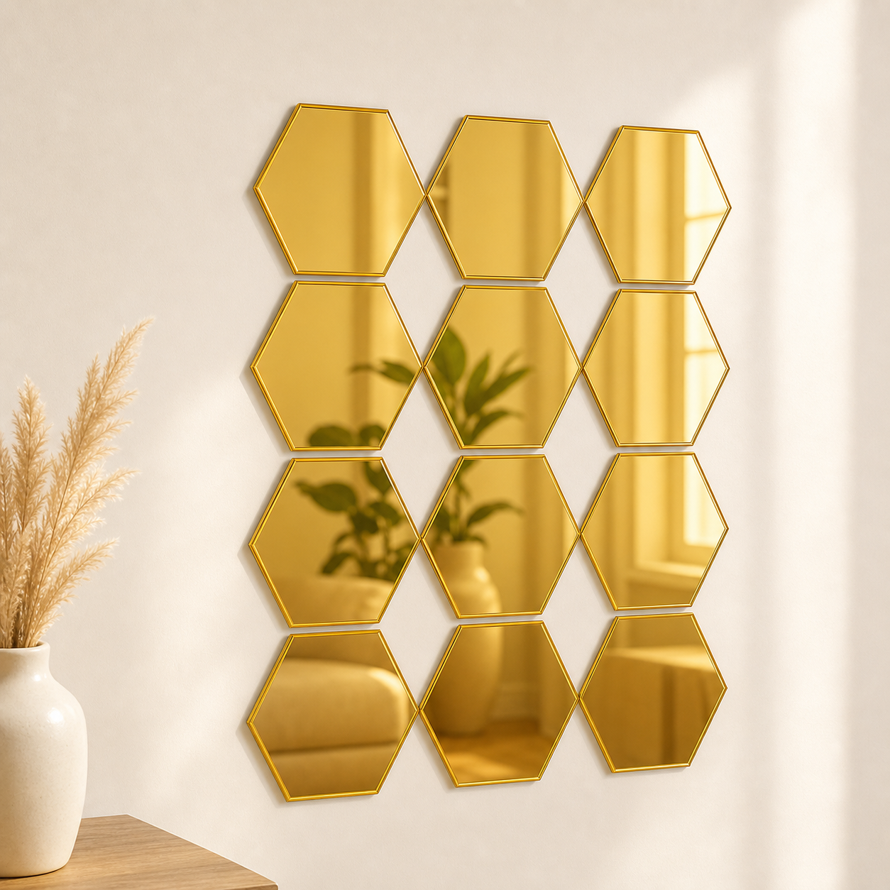 Cozy Haven 3D Hexagon Acrylic Mirror Stickers - Gold / 12-Piece Set