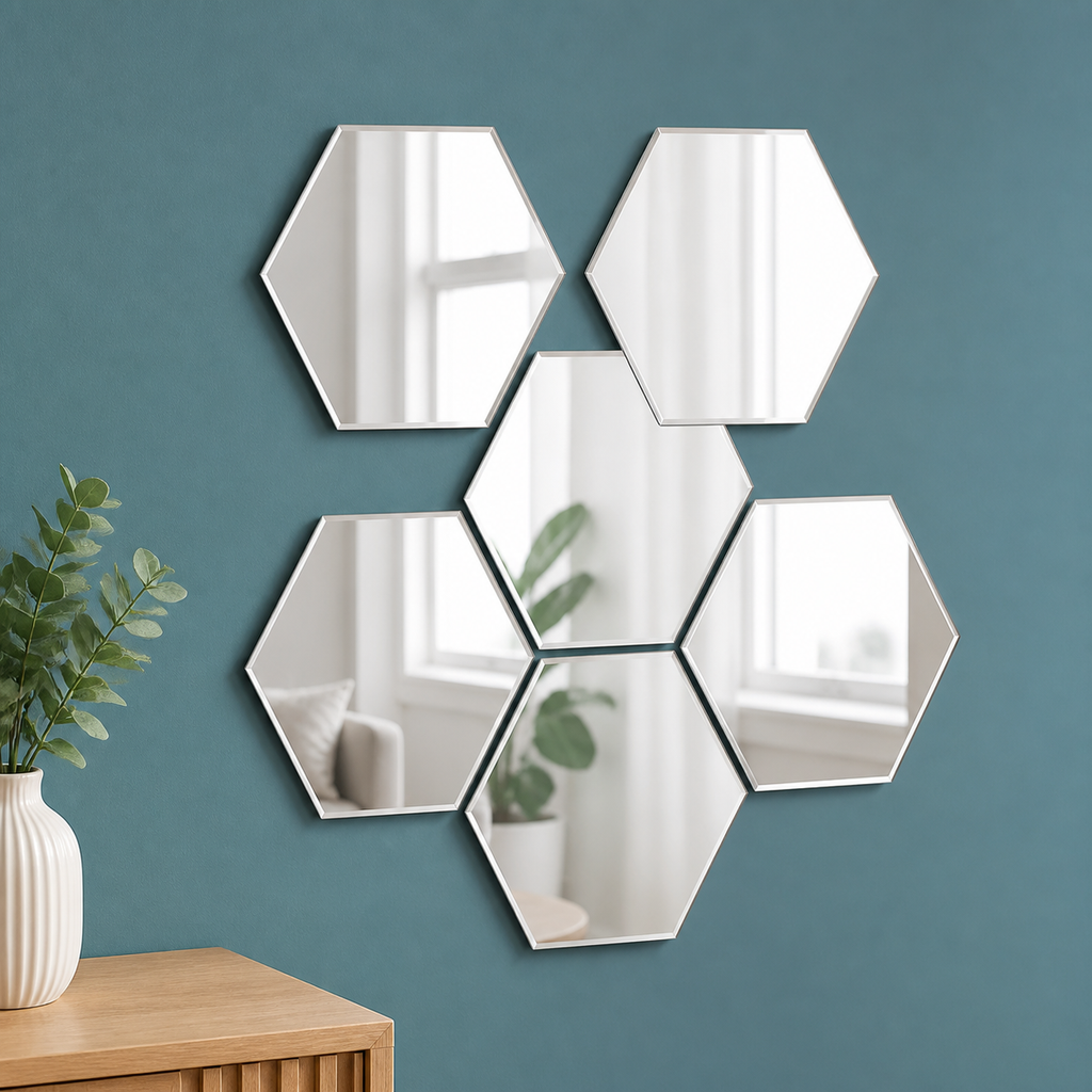 Cozy Haven 3D Hexagon Acrylic Mirror Stickers - Silver / 6-Piece Set