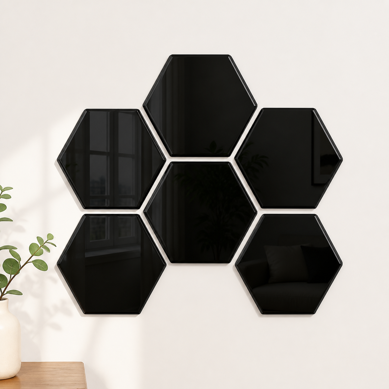 Cozy Haven 3D Hexagon Acrylic Mirror Stickers - Black / 6-Piece Set