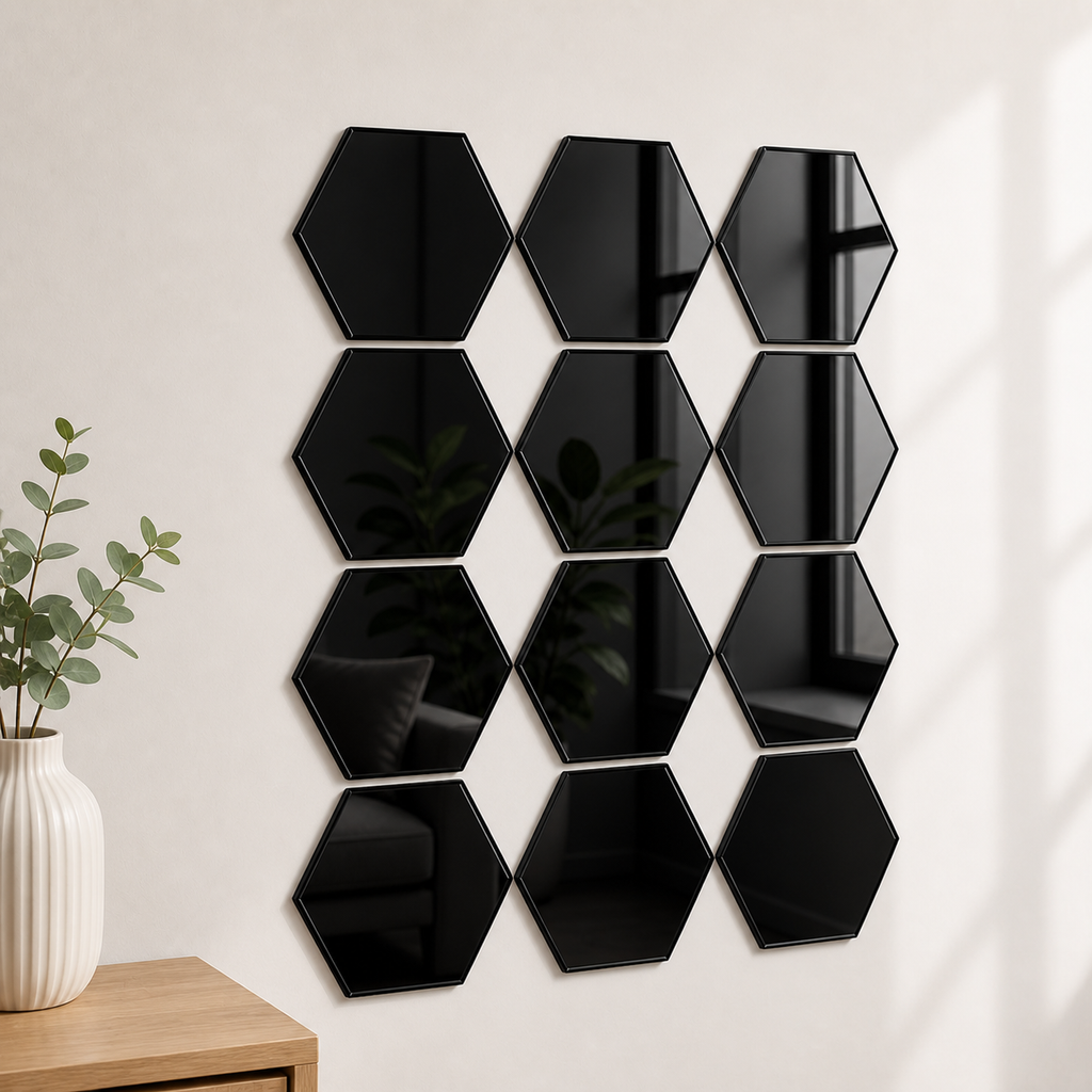 Cozy Haven 3D Hexagon Acrylic Mirror Stickers - Black / 12-Piece Set