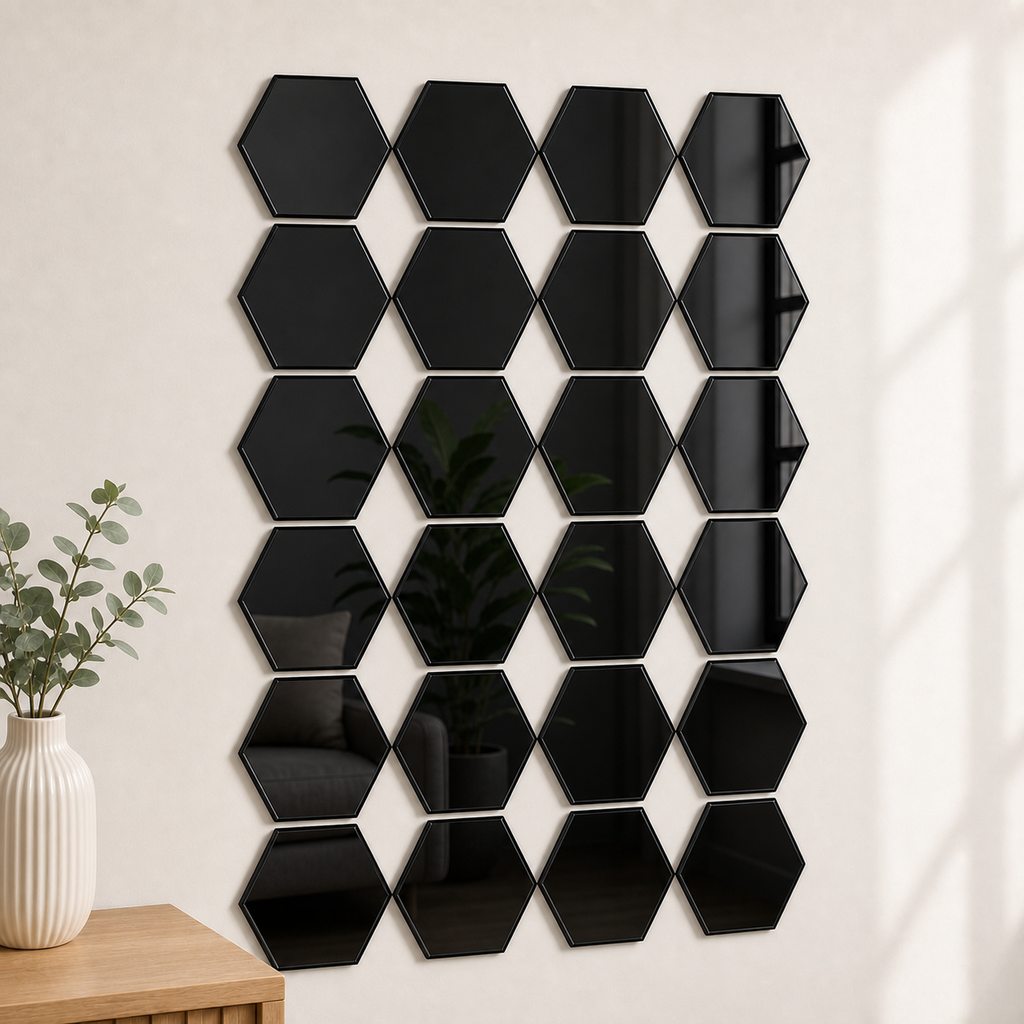 Cozy Haven 3D Hexagon Acrylic Mirror Stickers - Black / 24-Piece Set