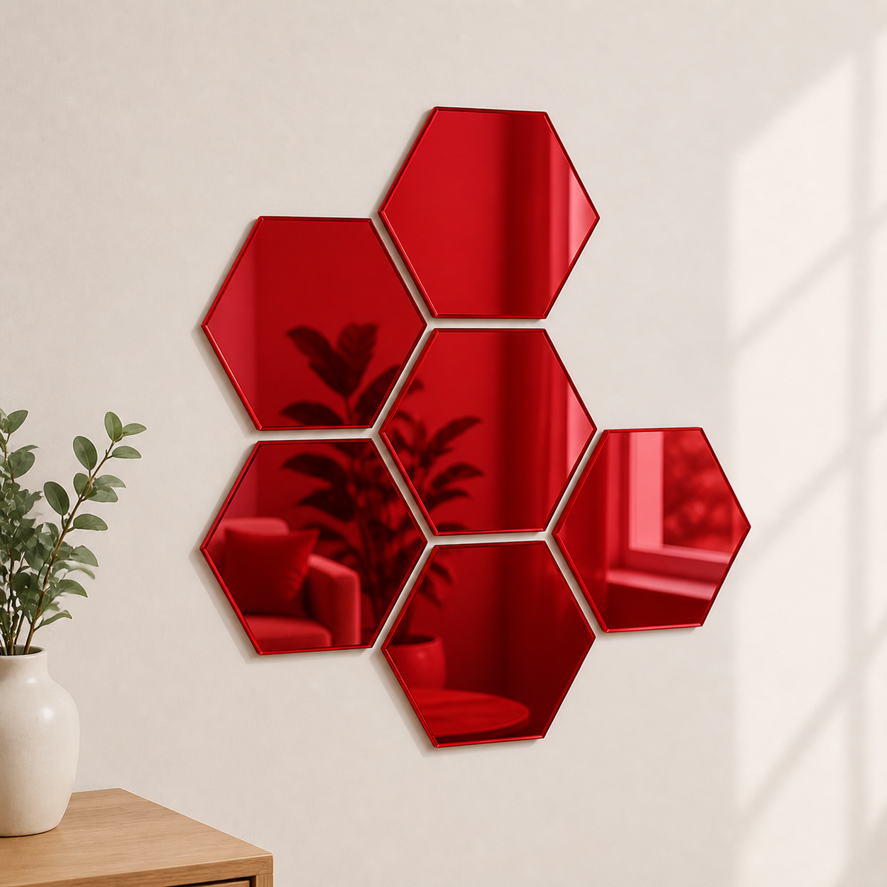 Cozy Haven 3D Hexagon Acrylic Mirror Stickers - Red / 6-Piece Set