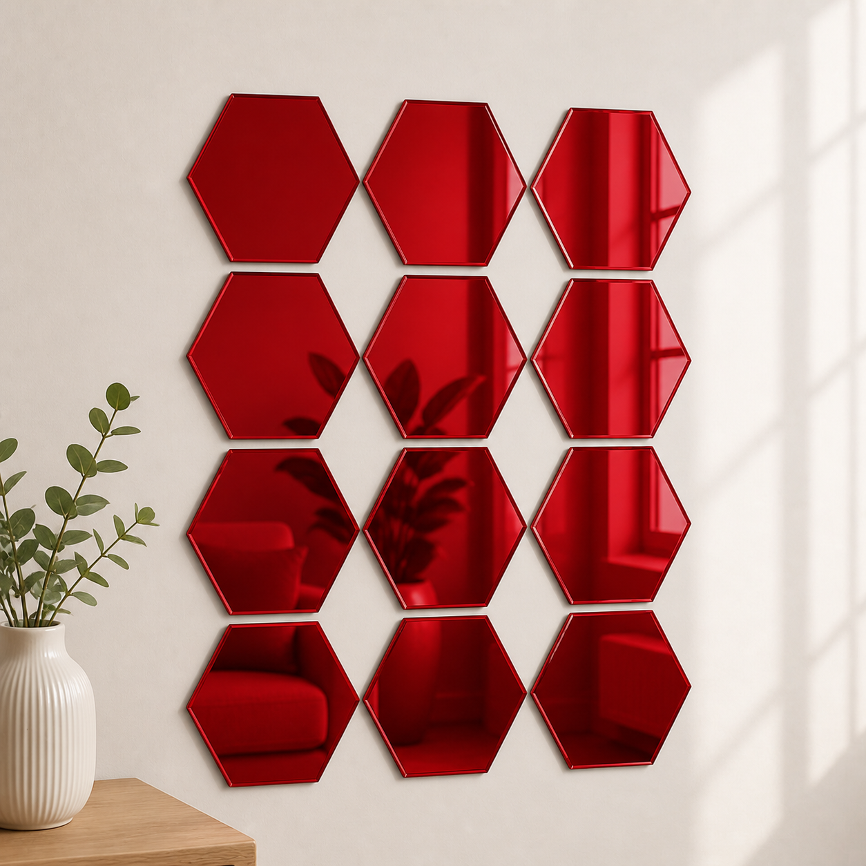 Cozy Haven 3D Hexagon Acrylic Mirror Stickers - Red / 12-Piece Set