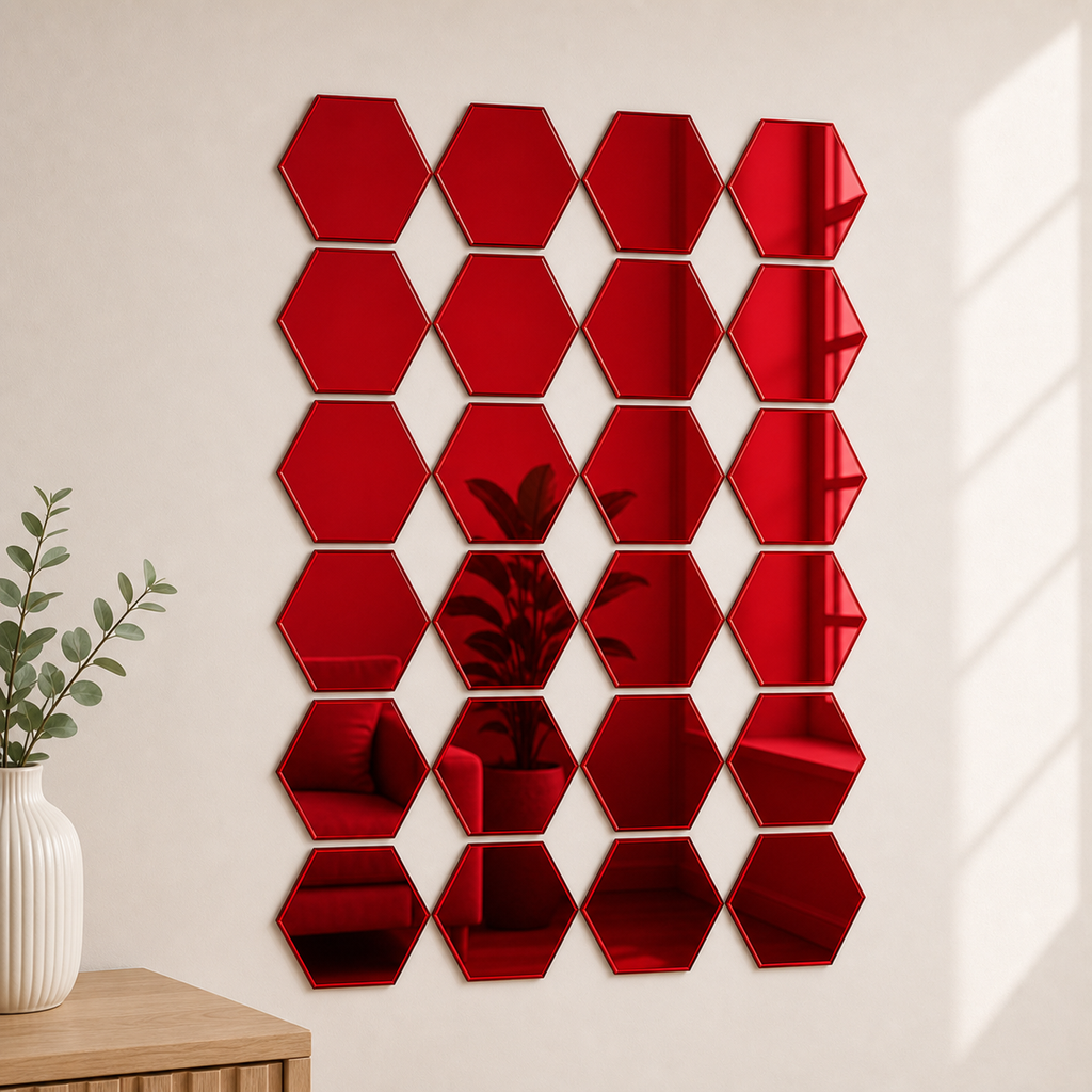 Cozy Haven 3D Hexagon Acrylic Mirror Stickers - Red / 24-Piece Set