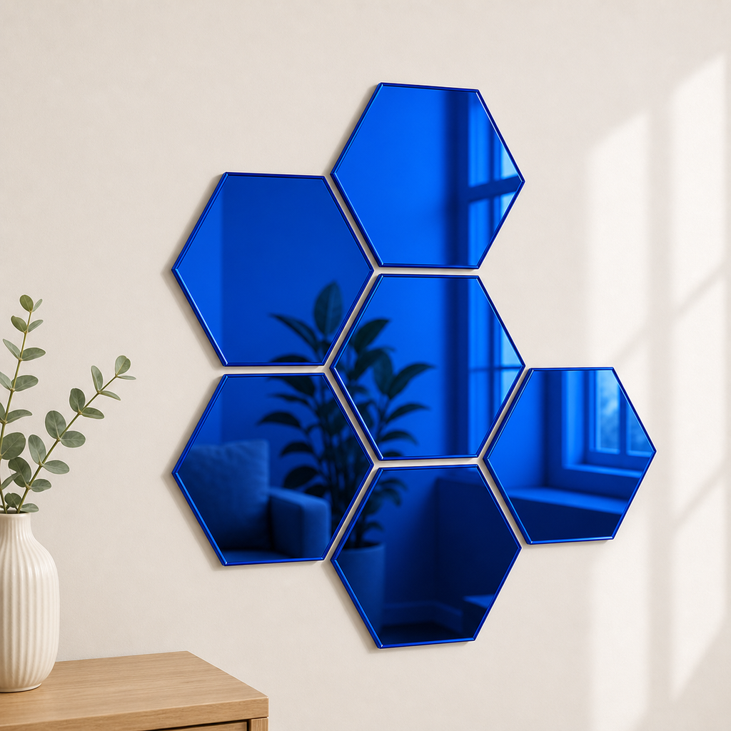 Cozy Haven 3D Hexagon Acrylic Mirror Stickers - Blue / 6-Piece Set