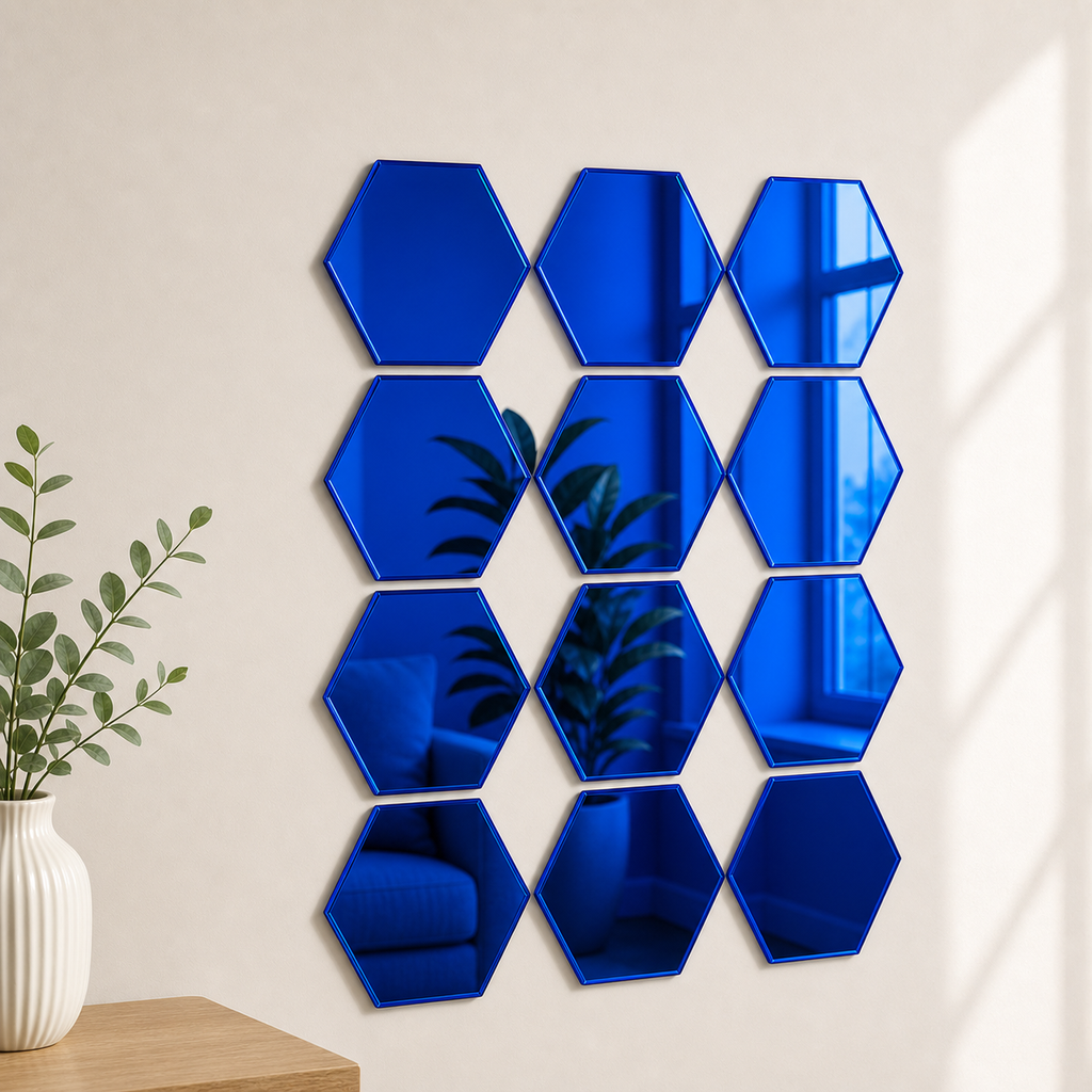 Cozy Haven 3D Hexagon Acrylic Mirror Stickers - Blue / 12-Piece Set