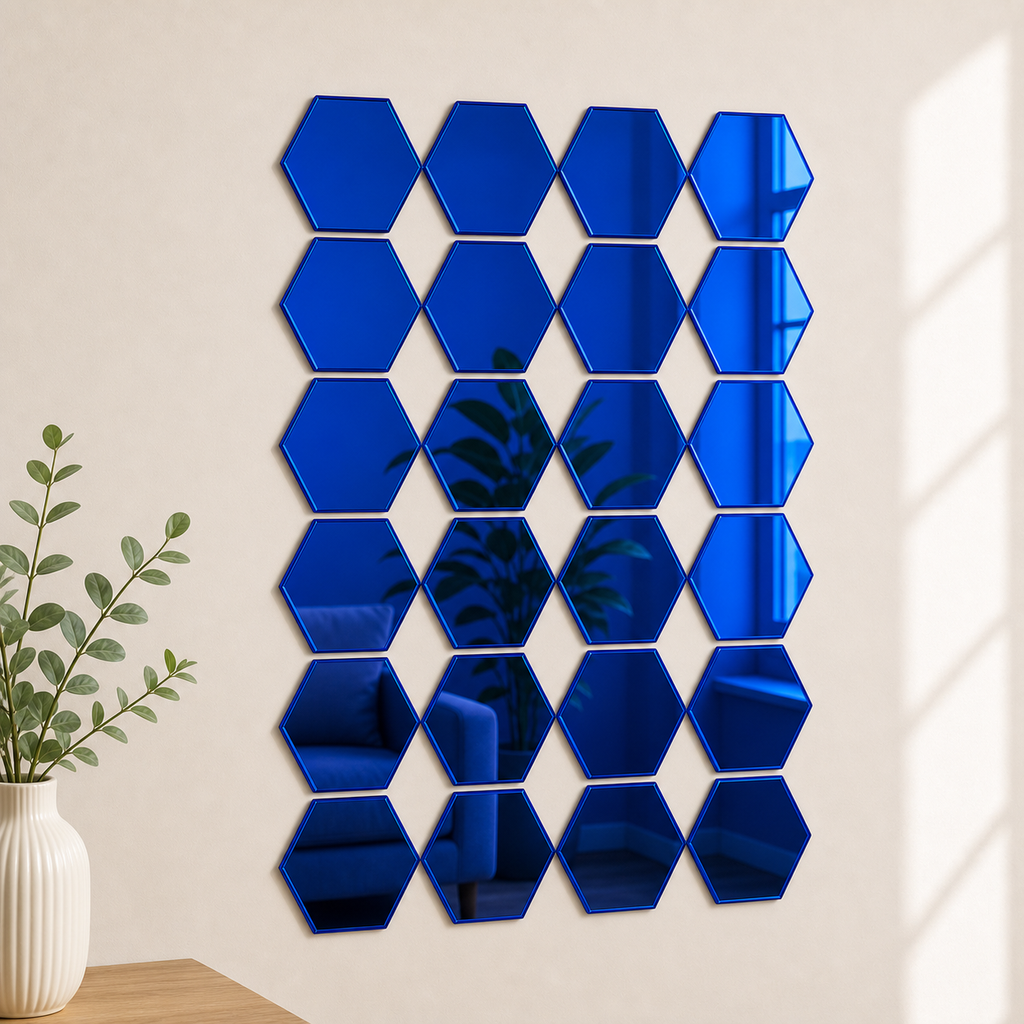 Cozy Haven 3D Hexagon Acrylic Mirror Stickers - Blue / 24-Piece Set