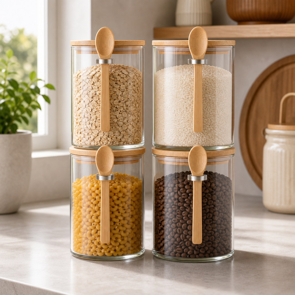 Cozy Haven Airtight Glass Storage Jar Set with Bamboo Lids styled kitchen view 4 for 4-Jar Set