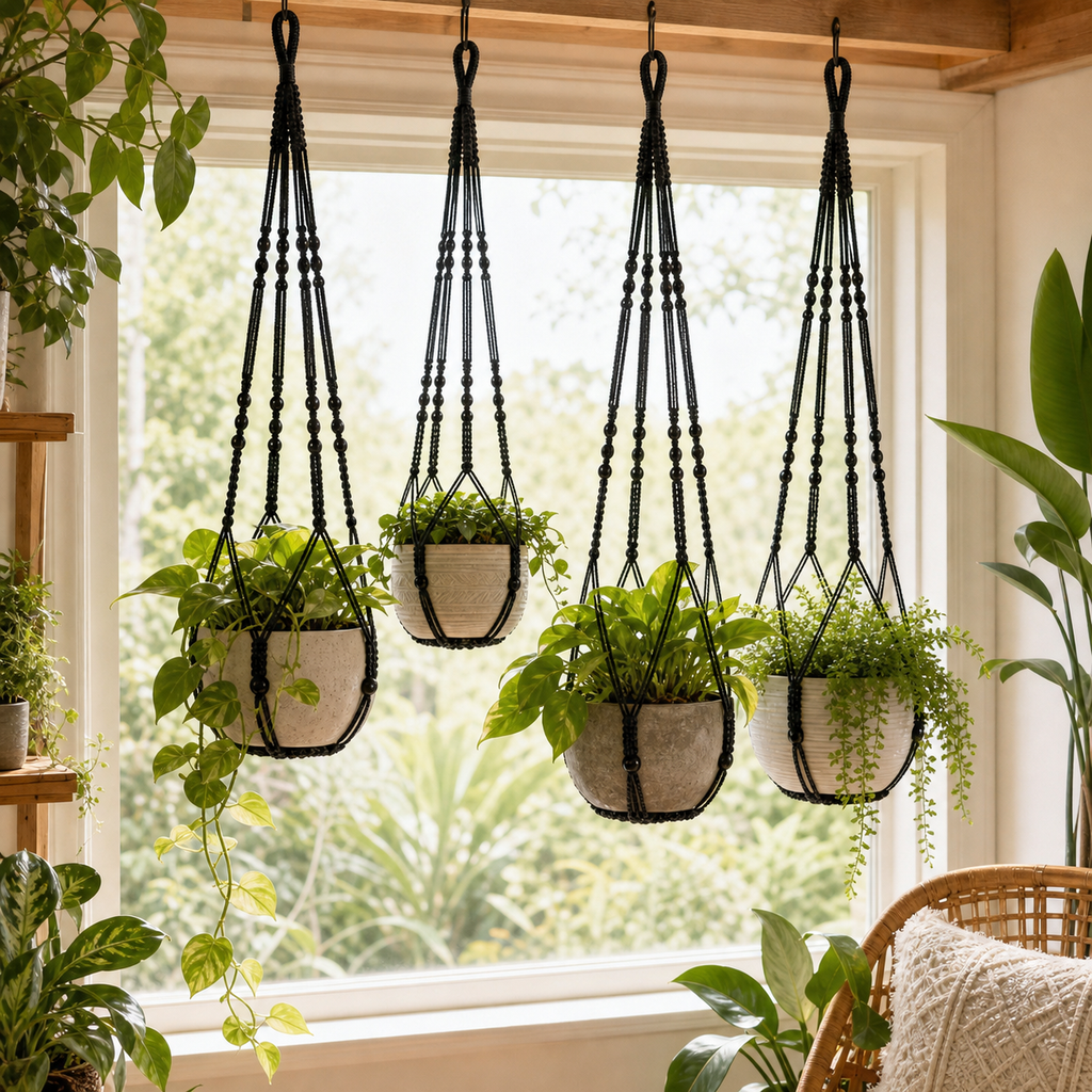 Cozy Haven 4-Pack Macrame Plant Hanger Set lifestyle image 1 for Black