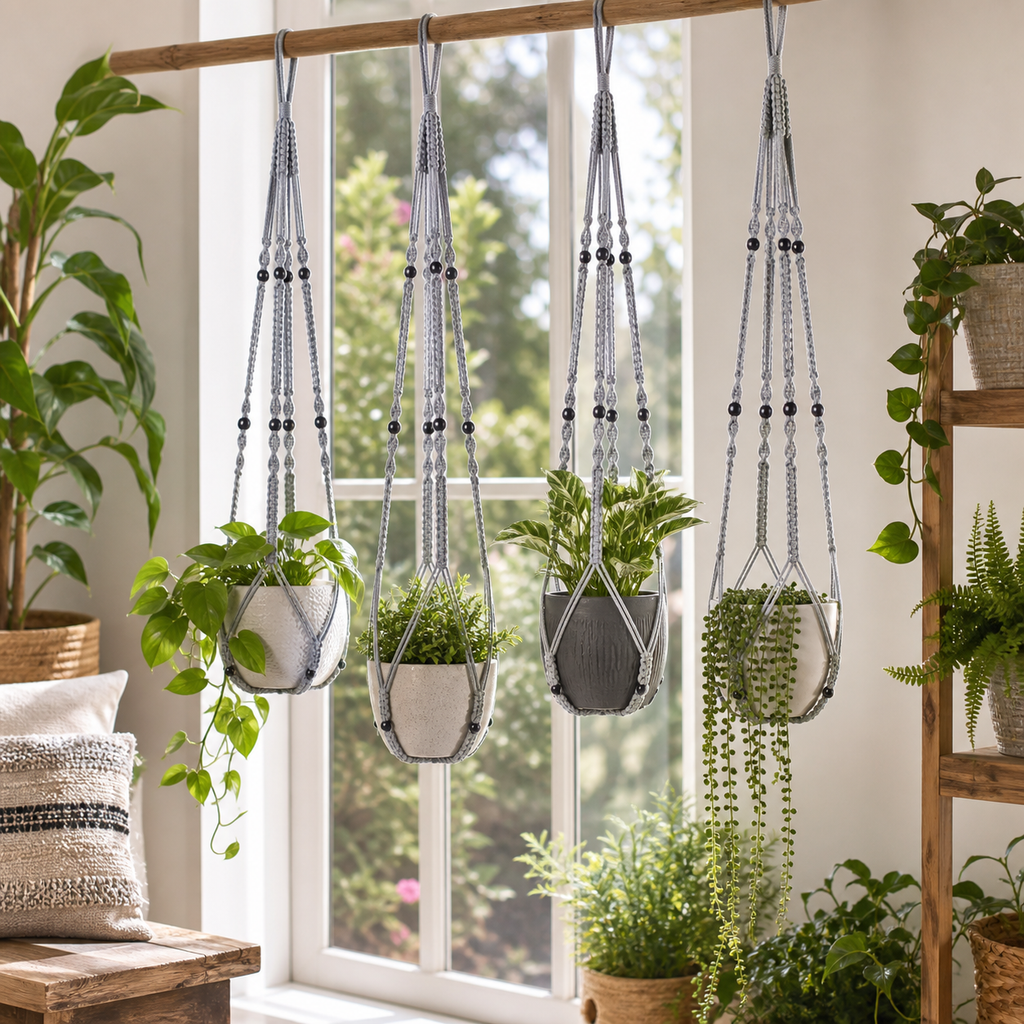 Cozy Haven 4-Pack Macrame Plant Hanger Set lifestyle image 3 for Gray