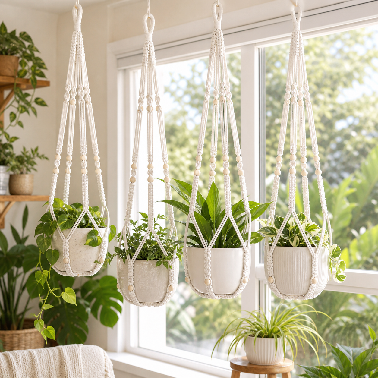 Cozy Haven 4-Pack Macrame Plant Hanger Set lifestyle image 2 for White