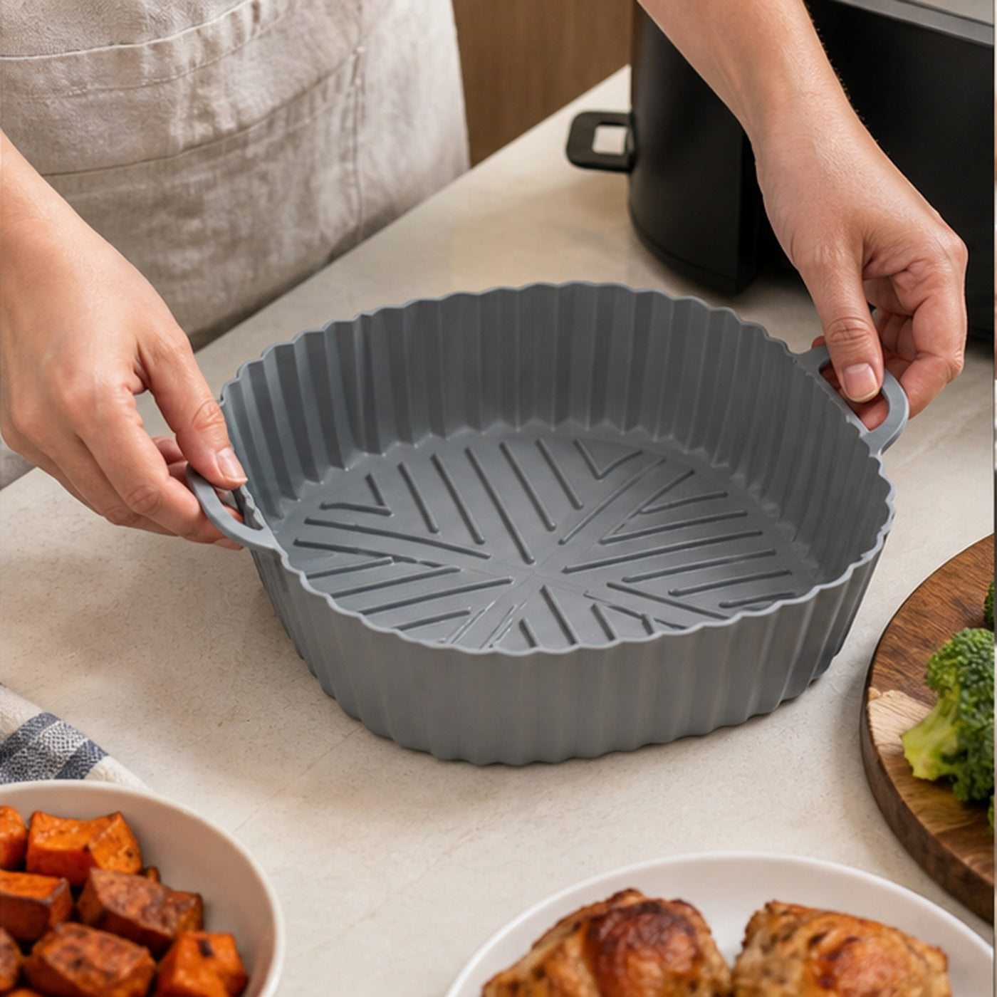 Cozy Haven Gray Silicone Air Fryer Liner lifestyle image 2