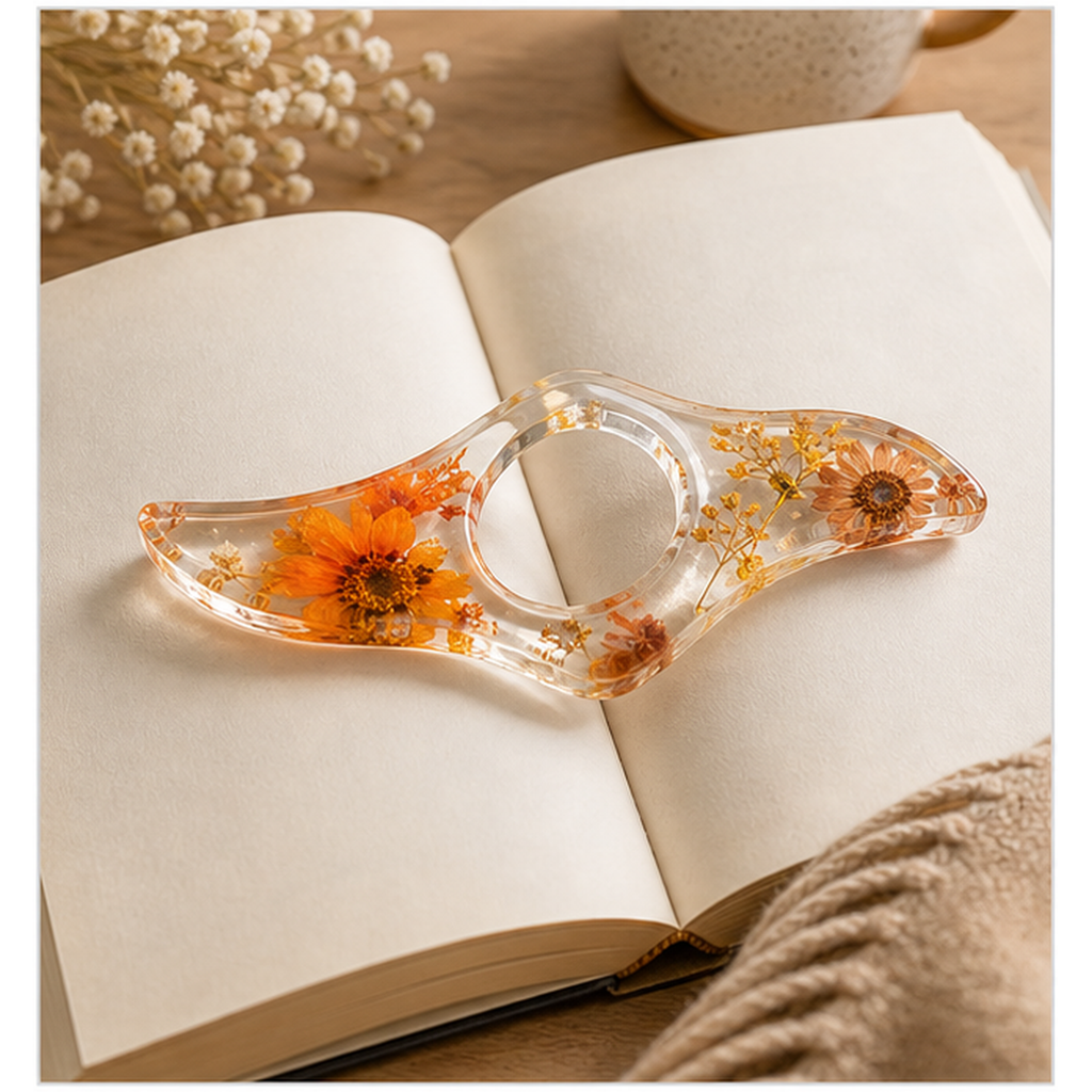 Cozy Haven Floral Resin Book Page Holder - yellow amber floral resin page holder on open book