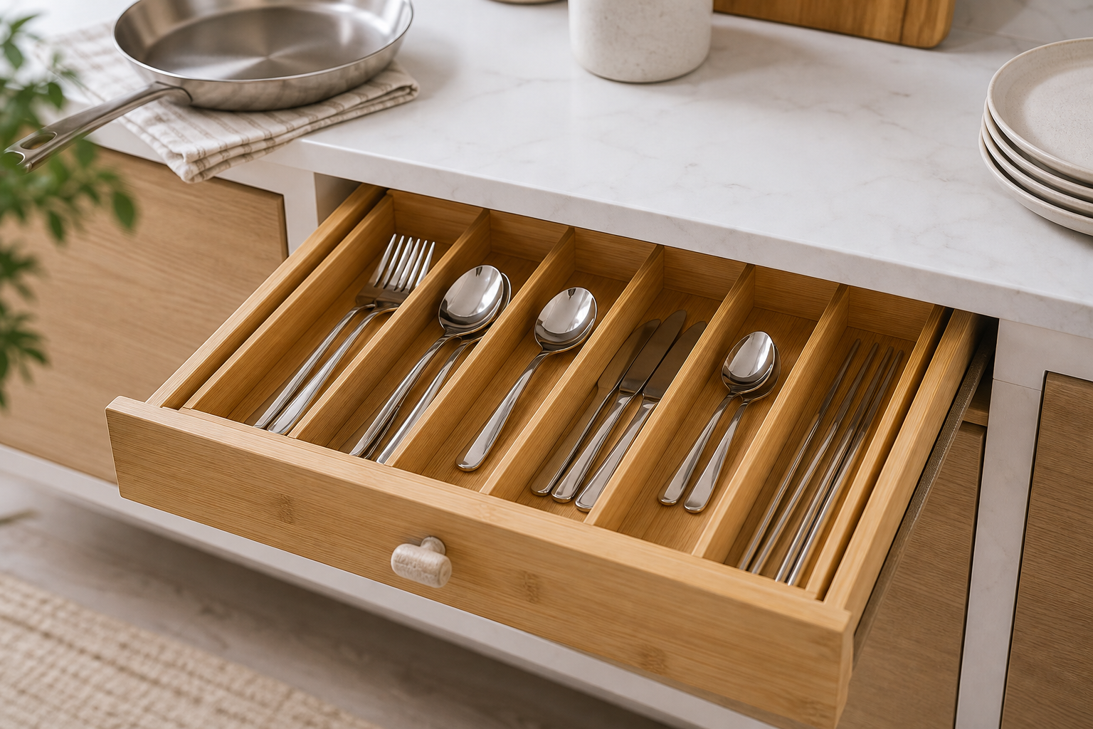 Cozy Haven Bamboo Cutlery Storage Box - Kitchen Drawer Organizer with Divided Compartments lifestyle image 1